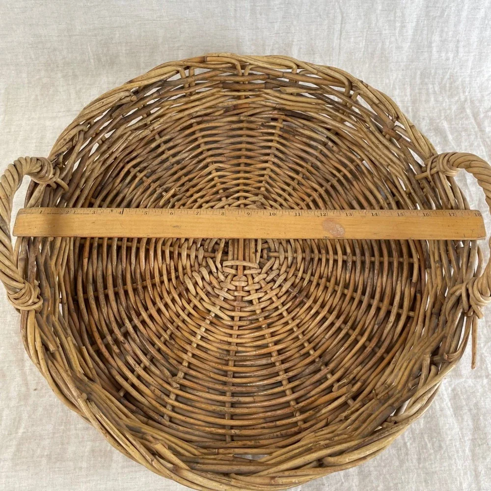 Vintage Large Round Wicker Tray Basket 18 Inch Handled Ottoman Coffee Table